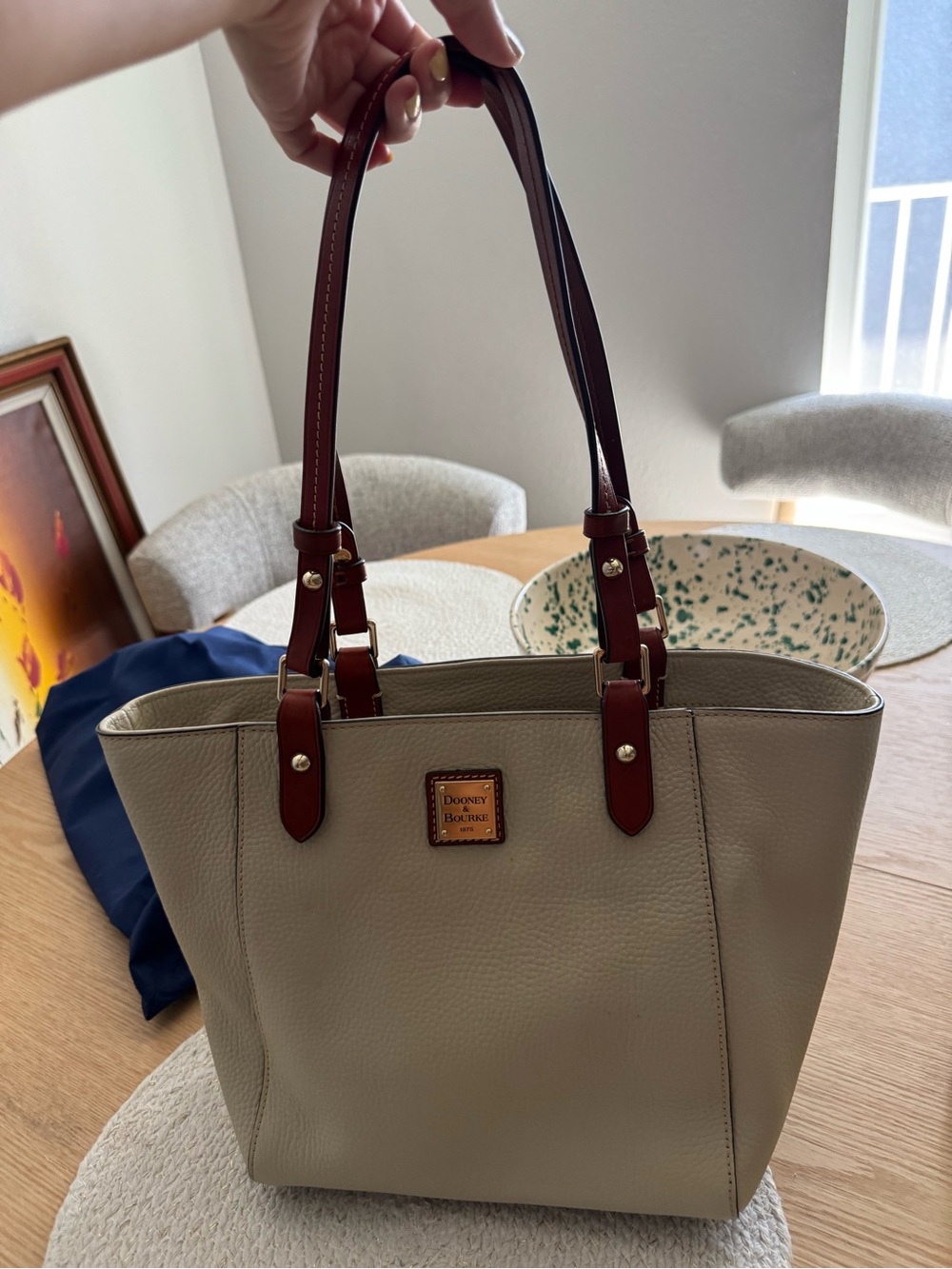 Dooney & Bourke Taupe Tote with Brown Handles